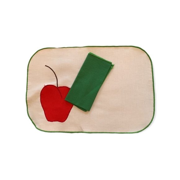 Set of 6 Backed Placemats and Napkins Pockets Cherry Design Green Red - Picture 4 of 6